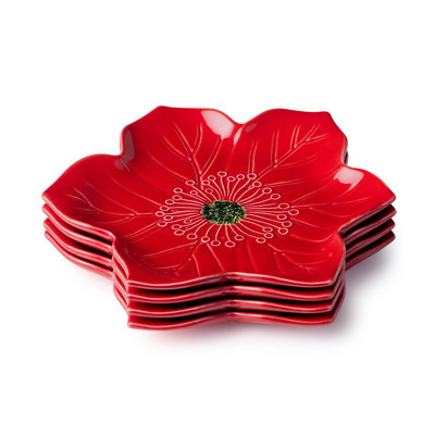 Festive Blooms Set of 4 3-D Poinsettia Dessert Plates — Four 9-inch sculptural poinsettia stoneware plates in vivid glossy red, bringing bold artistry to every individual serving.