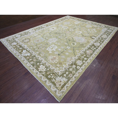 Tapis oriental vert olive 10 pi x 13 pi 6 po, motif angus afghan Oushak avec motif de feuilles, noué à la main, 100% laine, teinture végétale