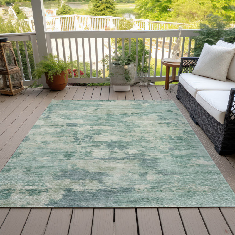 Tapis bleu sarcelle lavable à la machine intérieur / extérieur Xhevrie, Rectangulaire 3 pi x 5 pi