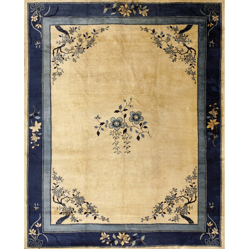 Wool Antique 1920s Blue Ivory Beige Cream White Rectangle Hand Knotted Pile Rug