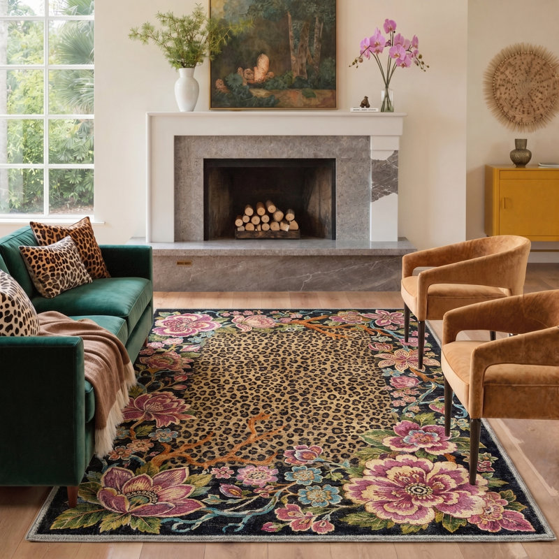 Machine Washable Animal Print Black / Brown Hallway Runner With Non-Slip Backing, Rectangle 9' x 12'