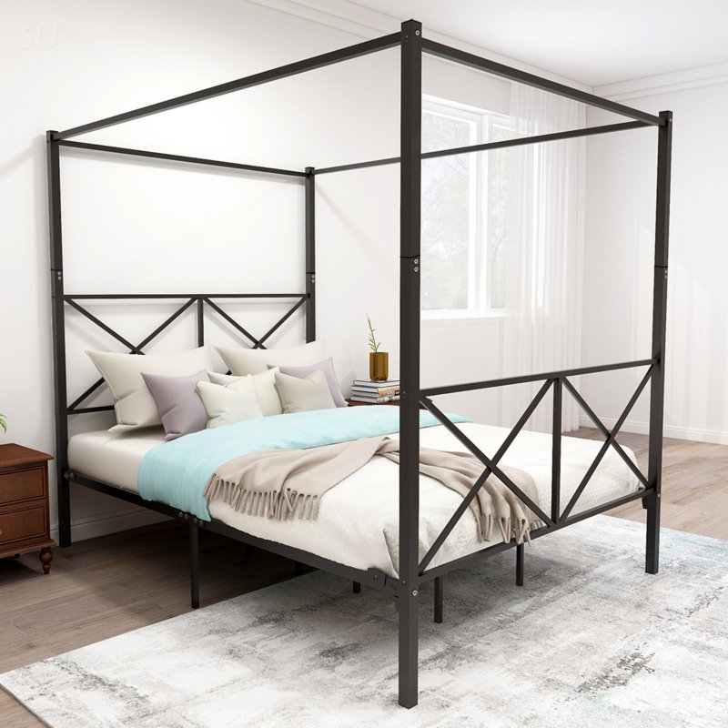 Élégant cadre de lit à baldaquin en métal, grand lit avec design en forme de X pour une mise à niveau élégante et durable de la chambre à coucher