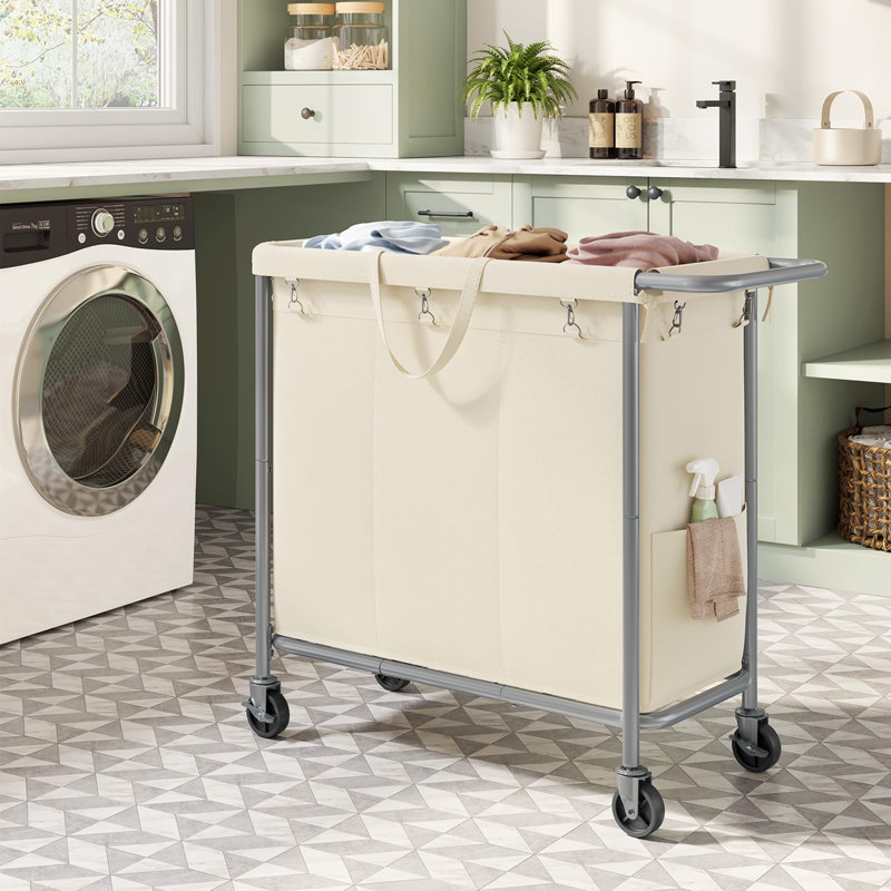 3-section Rolling Laundry Hamper, Cream White