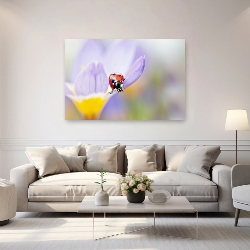 Red Ladybug On Crocus Bloom Delicate Peaceful Serene Ladybug Flower Nature Wall Art Print 1 Piece Wrapped Canvas Wall Art
