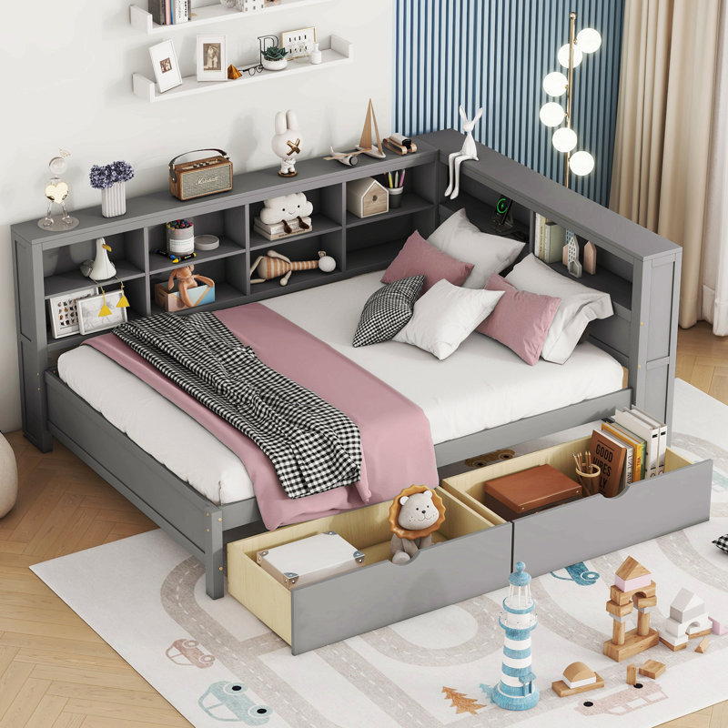 Maiocco Wooden Daybed with 2 Drawers, Storage Shelf and USB Charging Ports, Full, Gray