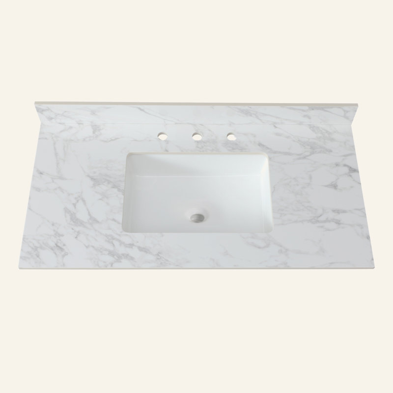 43"X22" Bathroom Vanity Top, Sintered Stone Carra White Barthroom Vanity Sink Tops with Rectangular Undermount Ceramic Sink with Vanity Backsplash, Single/Three Faucet Hole Bathroom Vanity Countertop
