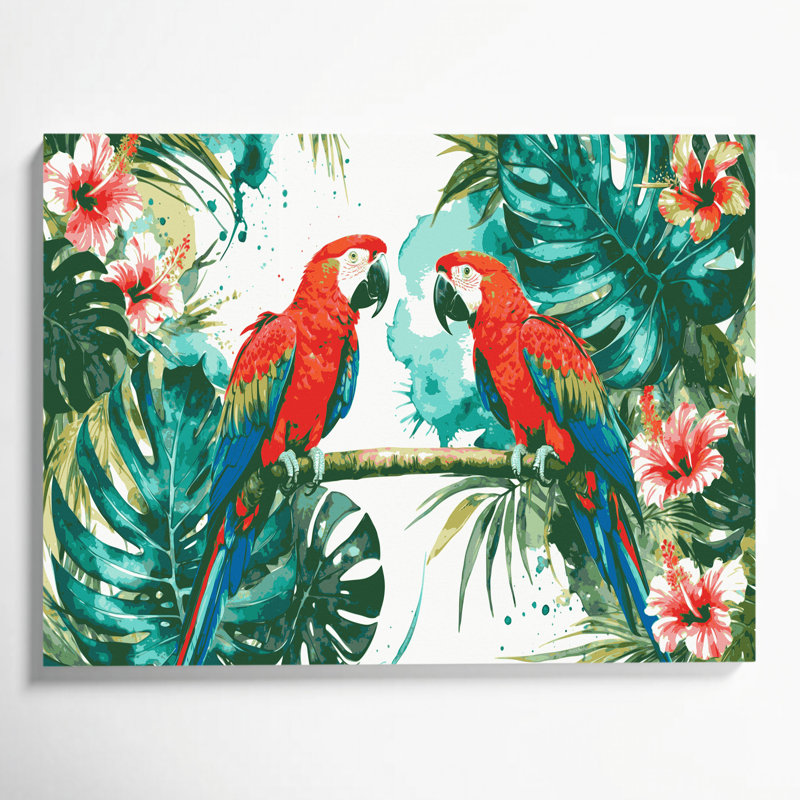 «Hawaiian Parrots», art mural sur toile verte, H 20 po x l 24 po