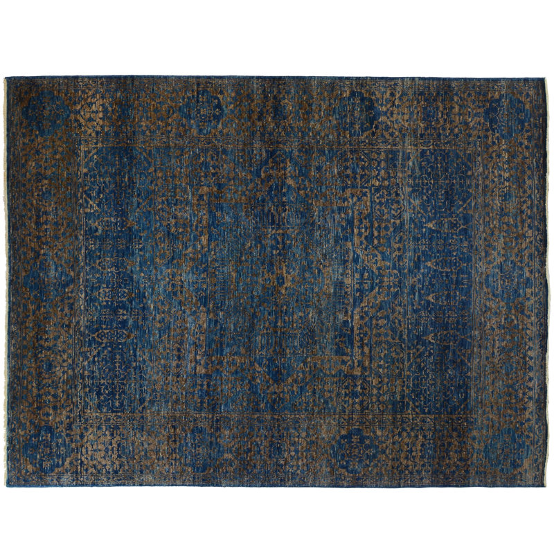 Tapis unique en laine noué à la main bleu marine / brun de 8 pi 1 po x 10 pi 6 po