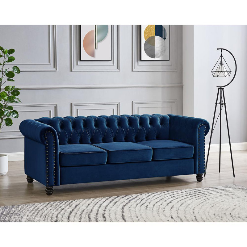 Chesterfield Velvet Sofa, Blue, 3