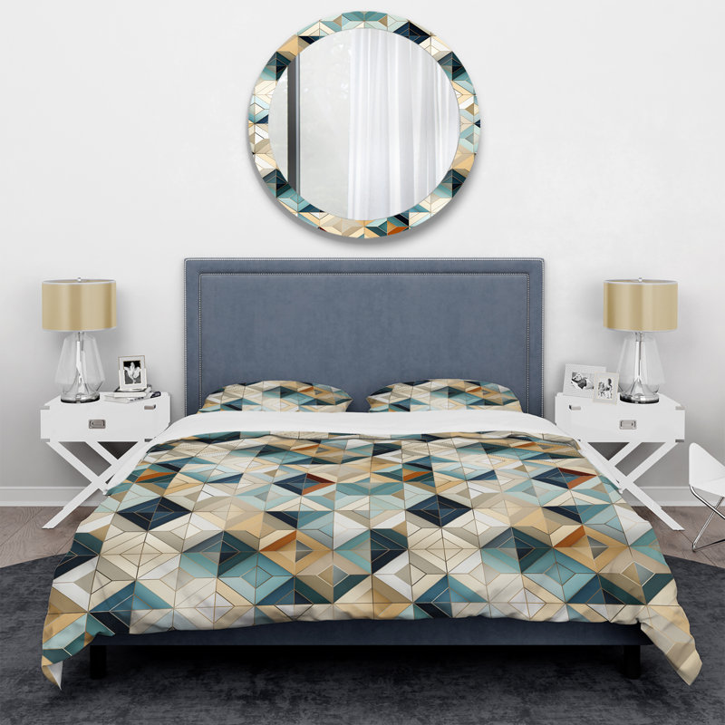 Natural Tones Grey And Beige Mosaic Geometric Shapes Duvet Cover, Queen Duvet Cover + 2 Standard Shams, Geometric Shapes 19