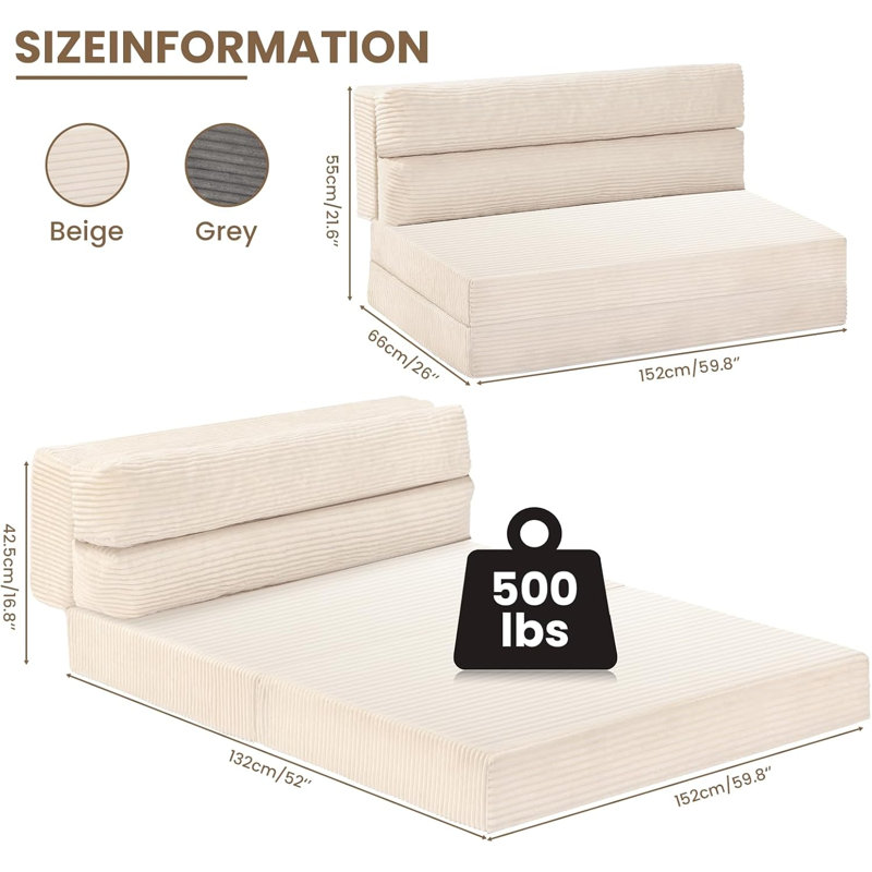 Folding Sofa Bed, Convertible Sleeper Chair With Pilow Foldable Matress, 2 In 1 Pull Out Loveseat Sofa Portable Fold Out Chair Bed Comfy Floor Couch Lounge For Living Room Bedroom, Queen, Beige