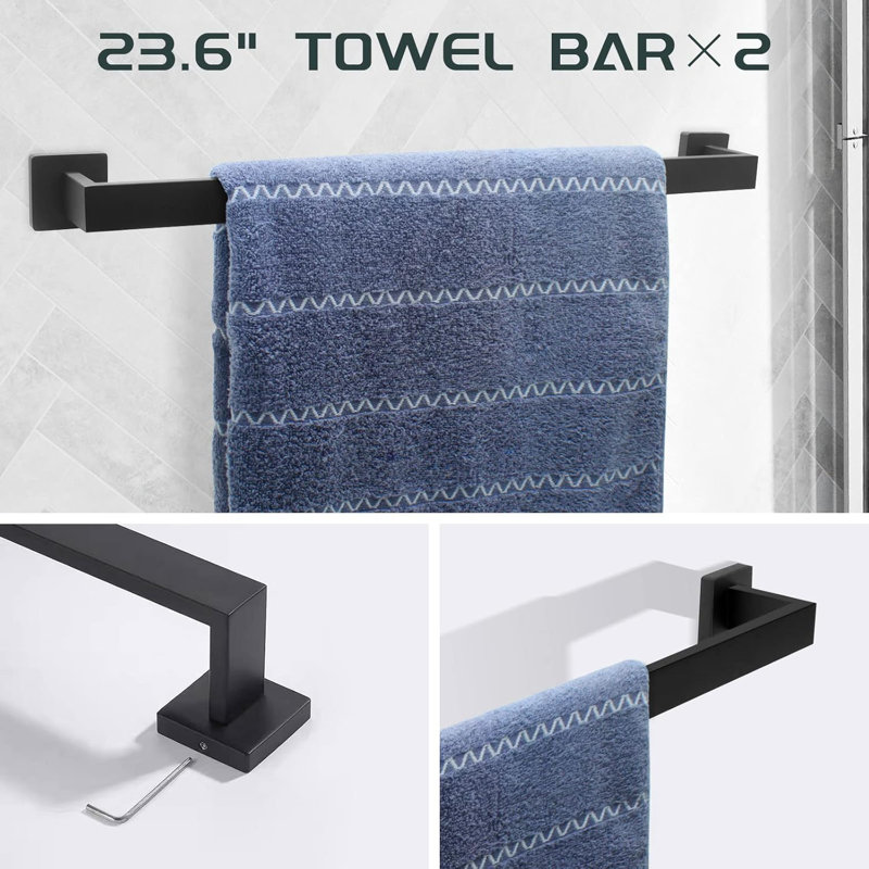 Bathroom Hardware Accessories Set - 7-Piece Stainless Steel Towel Bar, Toilet Paper Holder, Towel Hooks - Square Design