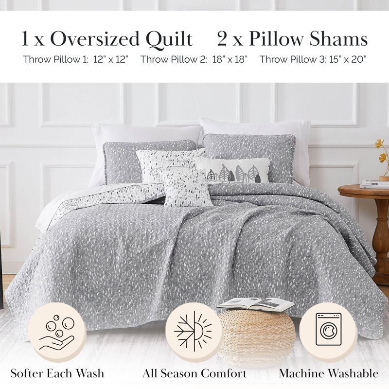 Southshore Fine Linens Botanical Leaves Full/Queen Oversized Embroidered Microfiber Quilt Bedding Set with 3 Decorative Pillows, 6-Piece, Botanical Leaves Grey