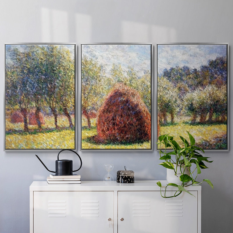 " Haystack At Giverny, 1893 " 3 - Pieces, 36" H x 75" W x 2" D, Silver Framed