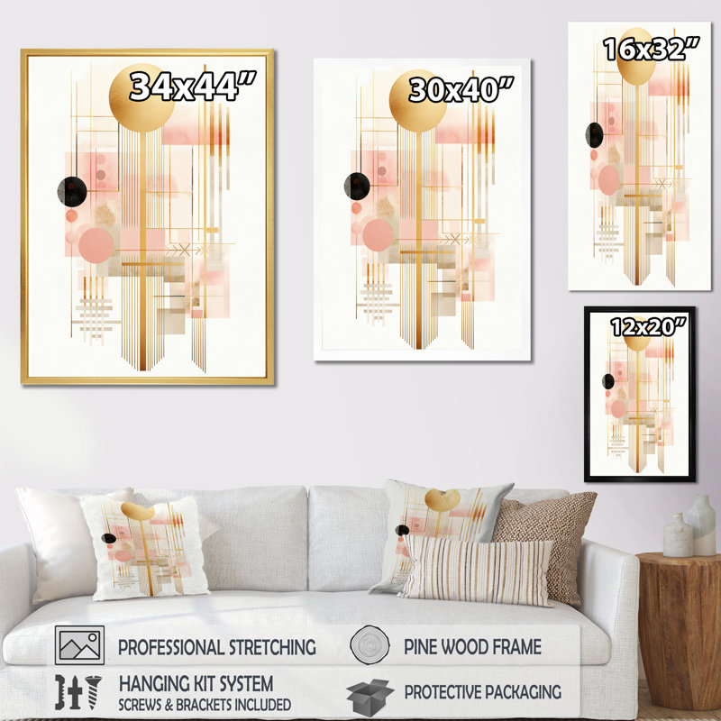 Circular Boho Chic Geometrics In Retro Pink - Modern Geometric Canvas Art Print, 40" H x 30" W x 1.5" D, Cadre simple noir
