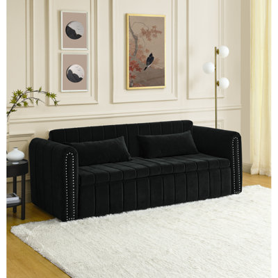 Canapé-lit 3 en 1 escamotable, canapé-lit rembourré 3 places moderne et accoudoirs roulés décorés de clous en cuivre, futon convertible 3 places avec deux tiroirs et deux coussins