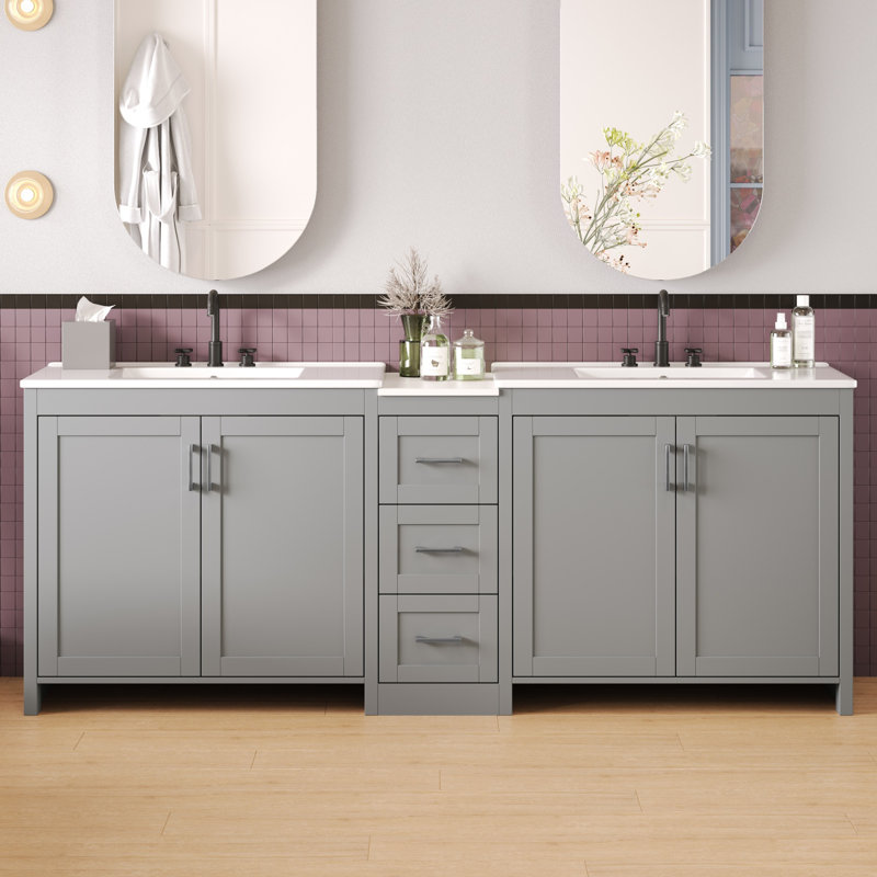 Ensemble de meuble-lavabo double 84 po avec 3 tablettes réglables et 3 tiroirs, Gris
