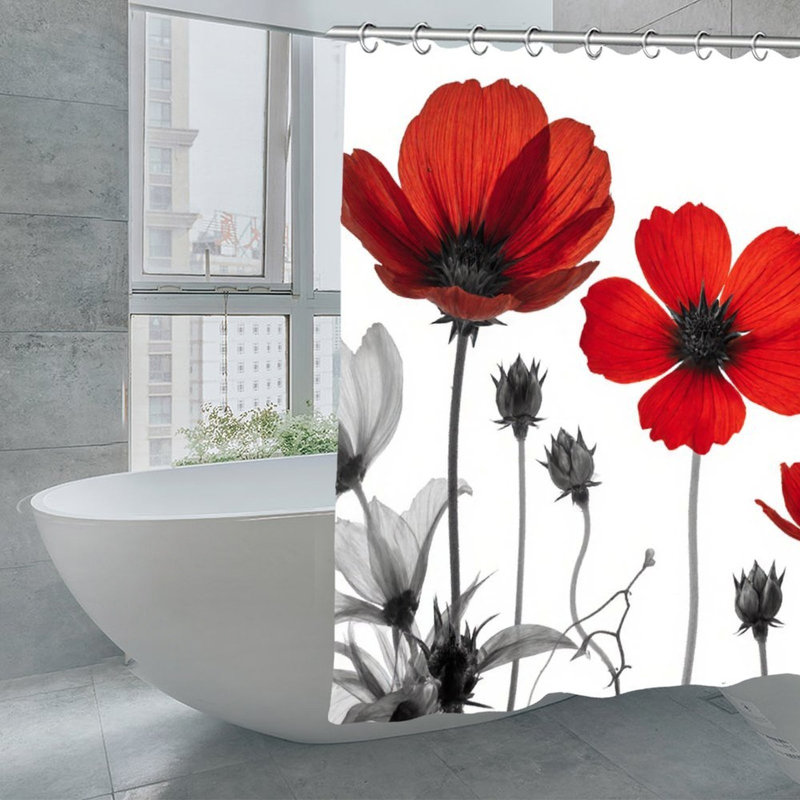 Rideaux de douche Red Blooms & Accent monochrome pour salle de bain, 71 x 71, Red Blooms & Monochrome Accents