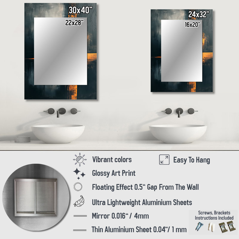«Black and Gold Converge Sunrise I», art unique, miroir mural orange, impression sur métal, 32 po x 24 po