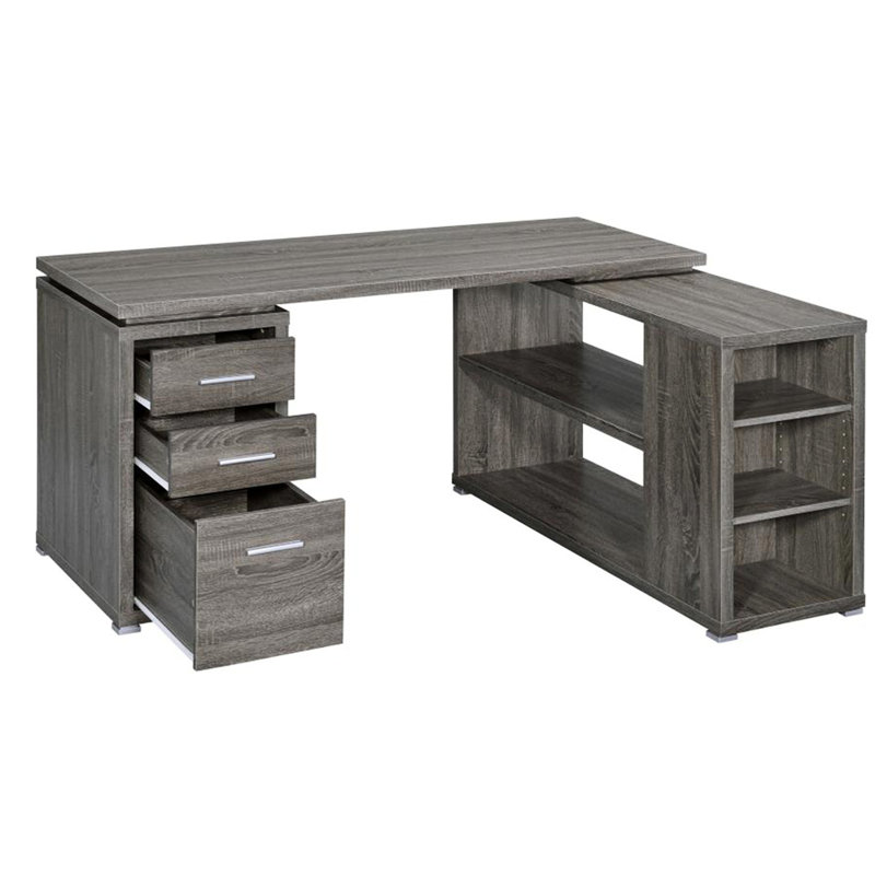 Bureau en L gris vieilli avec tablettes de rangement polyvalentes et tiroirs
