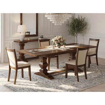 5 Piece Dining Table Set Includes a Rectangle Kitchen Table with Removable Leaf and 4 Light Beige Linen Fabric Upholstered Chairs, Antique Walnut