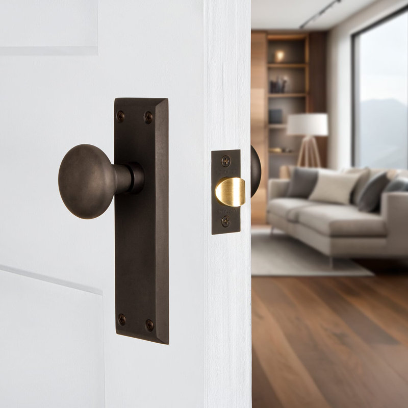 New York Plate with New York Door Knob, 2-3/4”, Antique Brass