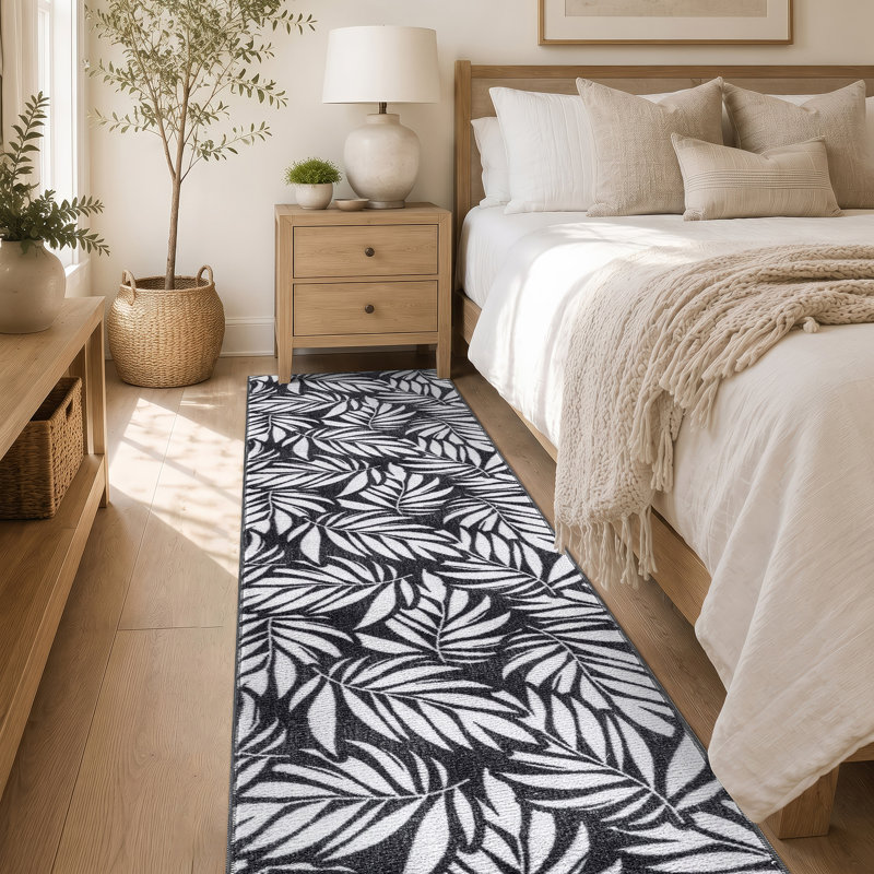Tapis gris anthracite lavable à la machine Palm Leaf, Gris anthracite, 2 pi x 10 pi