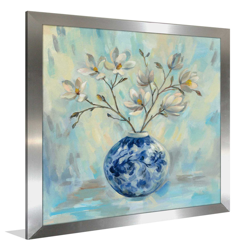 Chinoiserie et branches - Peinture, H 31,5 po x l 31,5 po x P 1 po, Encadrement argenté