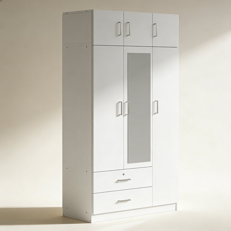 Armoire à miroir 3 portes avec 2 tiroirs et armoire supérieure, White