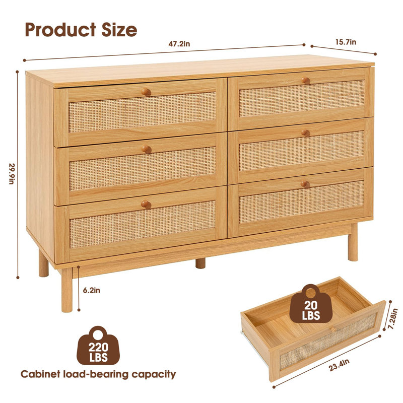 48 Inch 6 Drawer Rattan Dresser For Bedroom, Modern Wooden Chest Of Dressers With Spacious Storage, Beside Table For Closet, Entryway, Bedroom, Hallway, Living Room