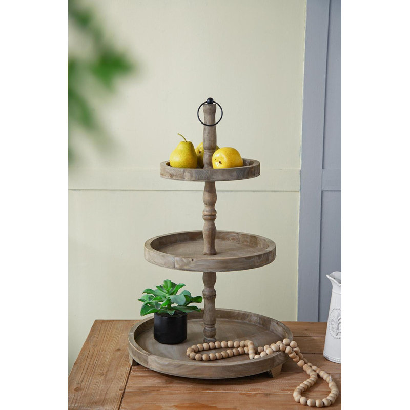 D19x30" Weathered Brown Three-Tiered Round Serving Tray