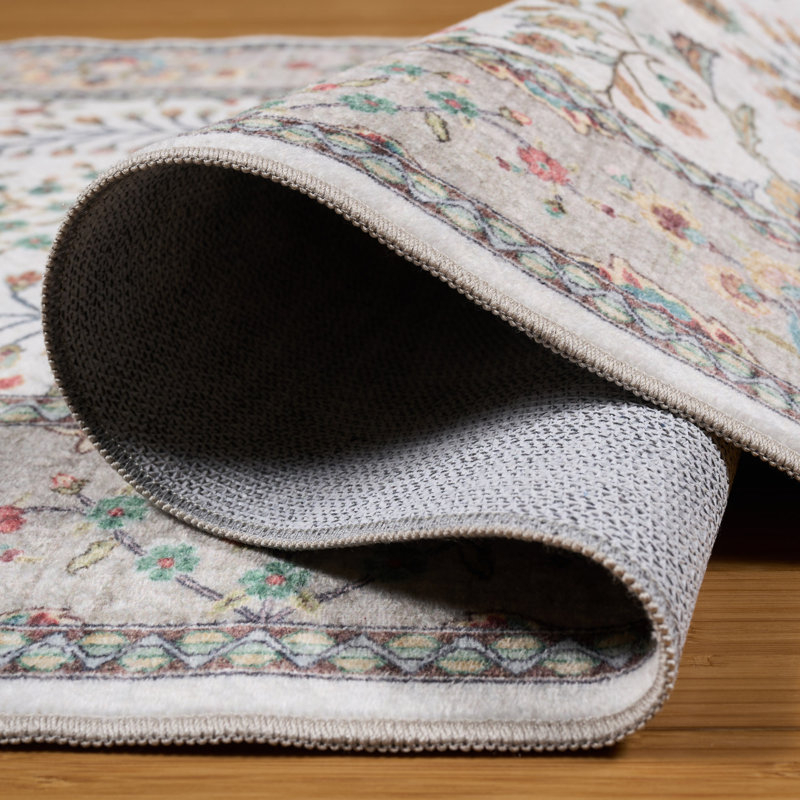 Everyday Chic Machine Washable Indoor Rug, Printed Soft Flannel Polyester with Non-Slip Backing,  Seda Beige 2x6, Beige