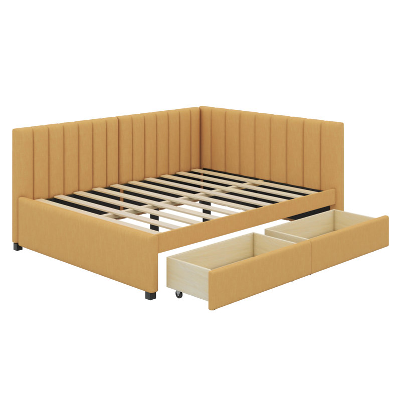 Full Size Upholstered Daybed With 2 Storage Drawers Sofa Bed Frame, Yellow