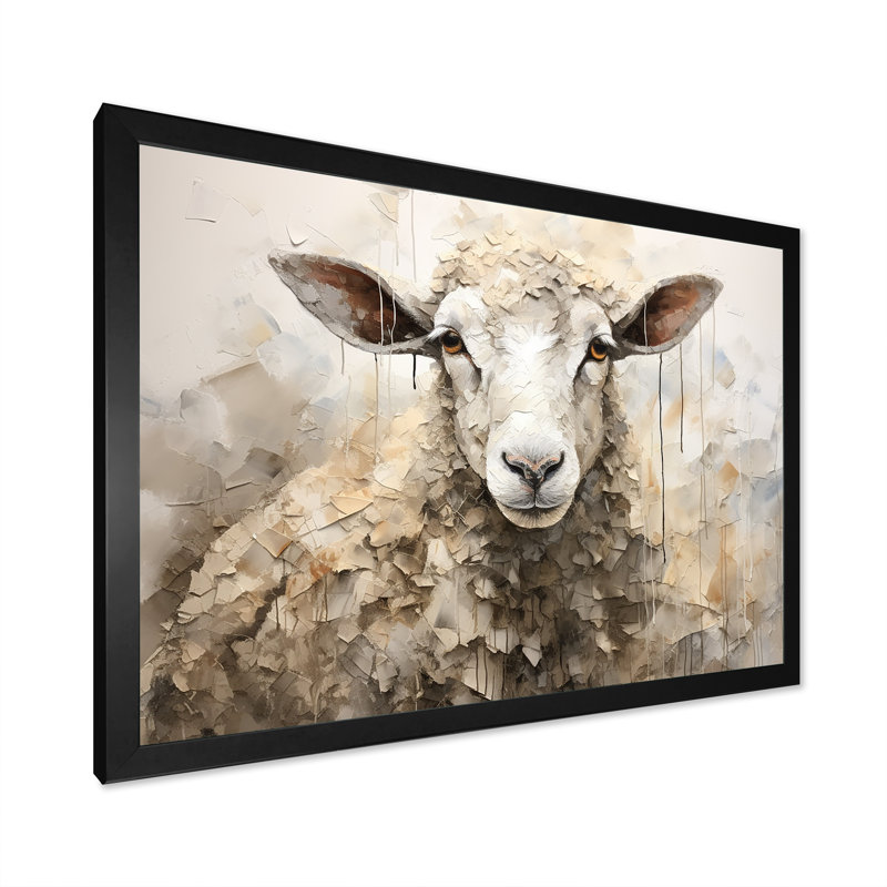 Cozy beige minimaliste mouton II - mouton, art mural, H 34 po x l 44 po x P 1,5 po, Cadre simple noir
