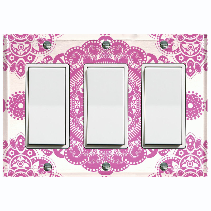 Metal Light Switch Plate Outlet Cover (White Pink Elegant Circular Mandala Flowers Tile   - Triple Rocker), White Pink