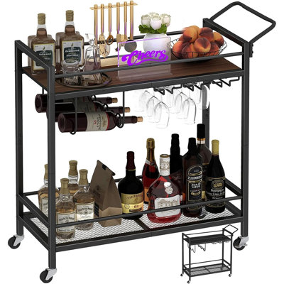 Chariot-bar deux tons, chariot de service roulant avec tablettes de rangement et porte-bouteilles