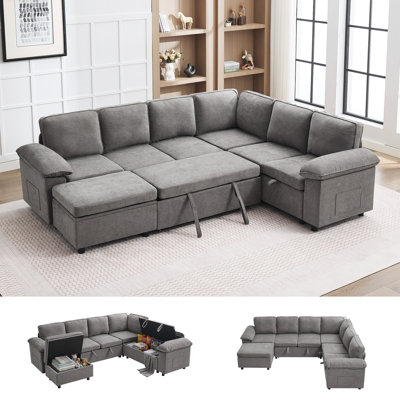 108" Modern U-Shape Sleeper Sectional - Modular 6-Seater Convertible Sofa with Pull-Out Bed & Storage Ottoman