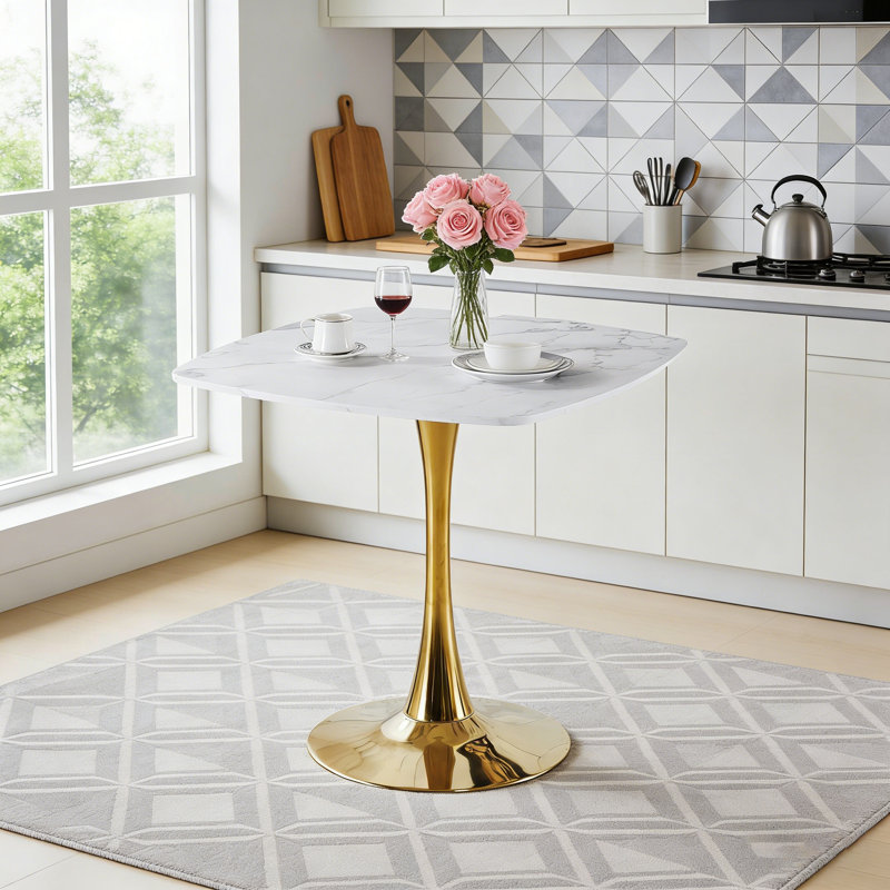 Square Dining Table with Metal Pedestal Small Kitchen Table for Apartment Dining Room Breakfast Space