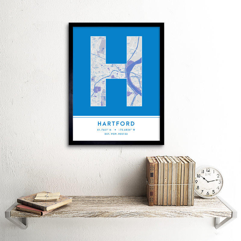 Hartford City Map Hartford Blue by Wee Blue Coo - Single Picture Frame Typography