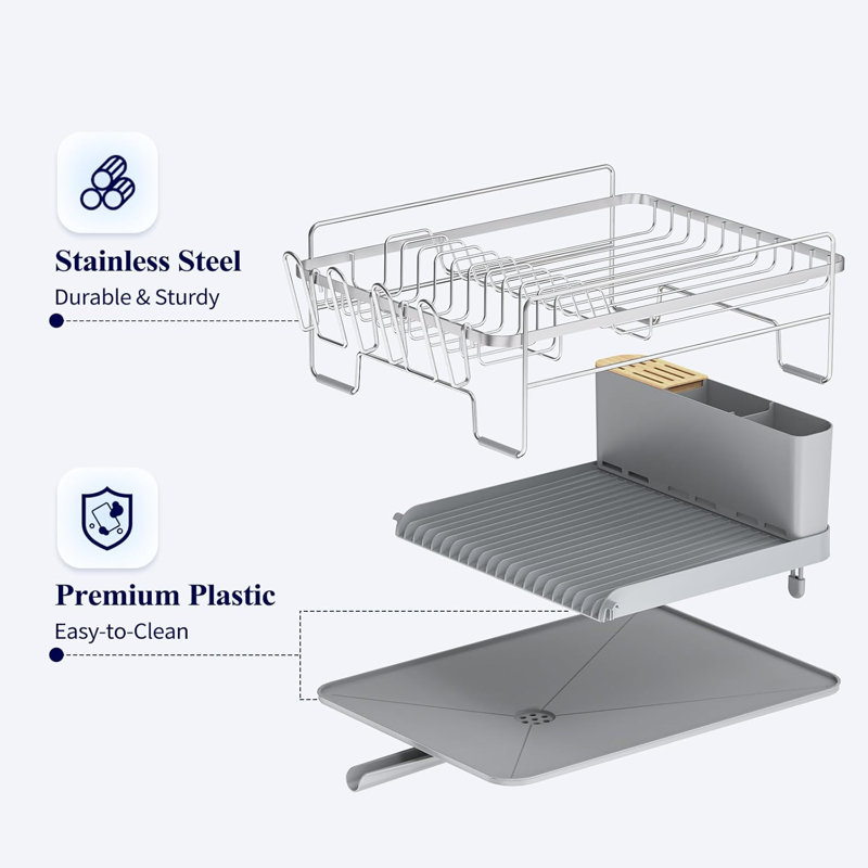 Silver Stainless Steel Expandable Dish Drying Rack with Utensil Cup