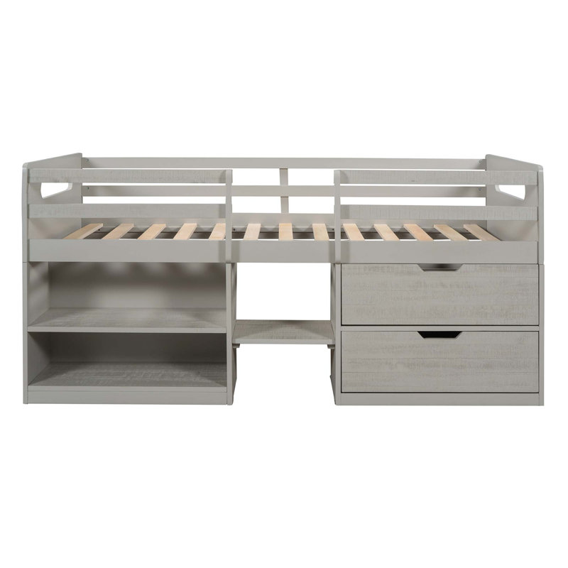 Lit mezzanine avec deux tablettes et deux tiroirs, Gris antique
