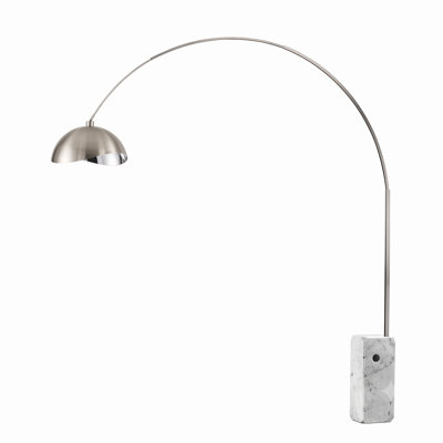 Iconic 95"H Mid-Century Modern Arc Lamp, Satin Nickel/White Shade, White Marble Base, Dimmable, Smart Home Compatible, Elegant Lighting Solution