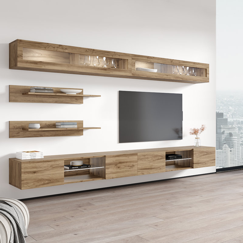Leveille 126" Modern Floating Wall Mounted Entertainment Center with 16-Color LED Lighting, High Gloss Finish, Oak