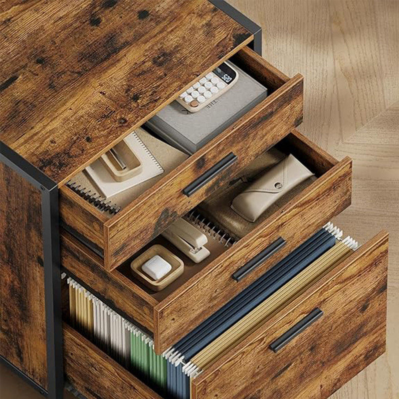 Home Office Filing Cabinet with Height-Adjustable Open Shelves, 3 Drawers, Hanging File Folders, for Home Office, Rustic Brown