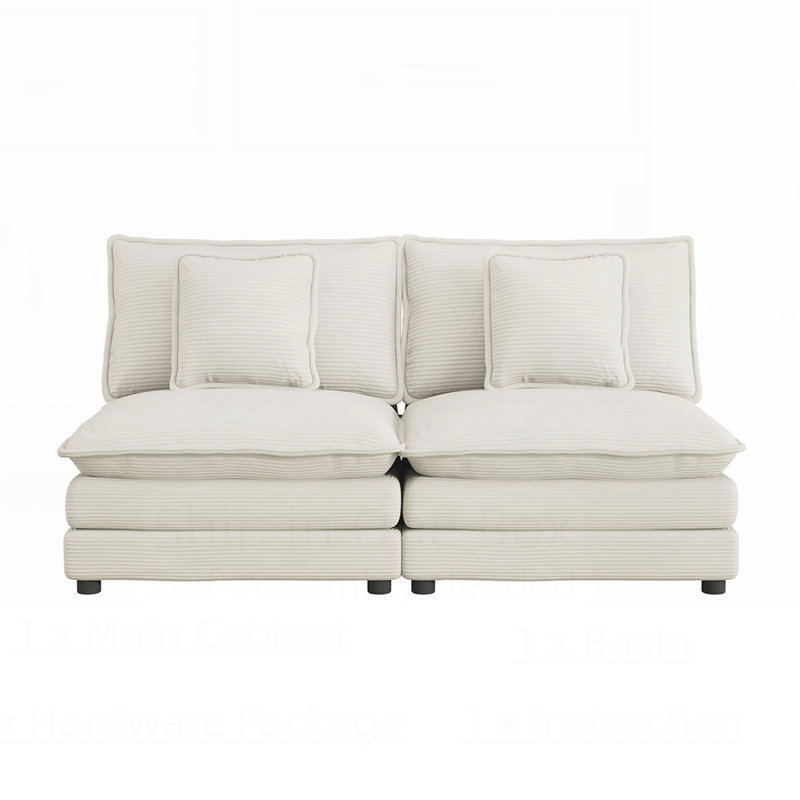 Canapé modulaire moderne avec revêtement en velours côtelé et deux coussins pour un salon confortable, Beige