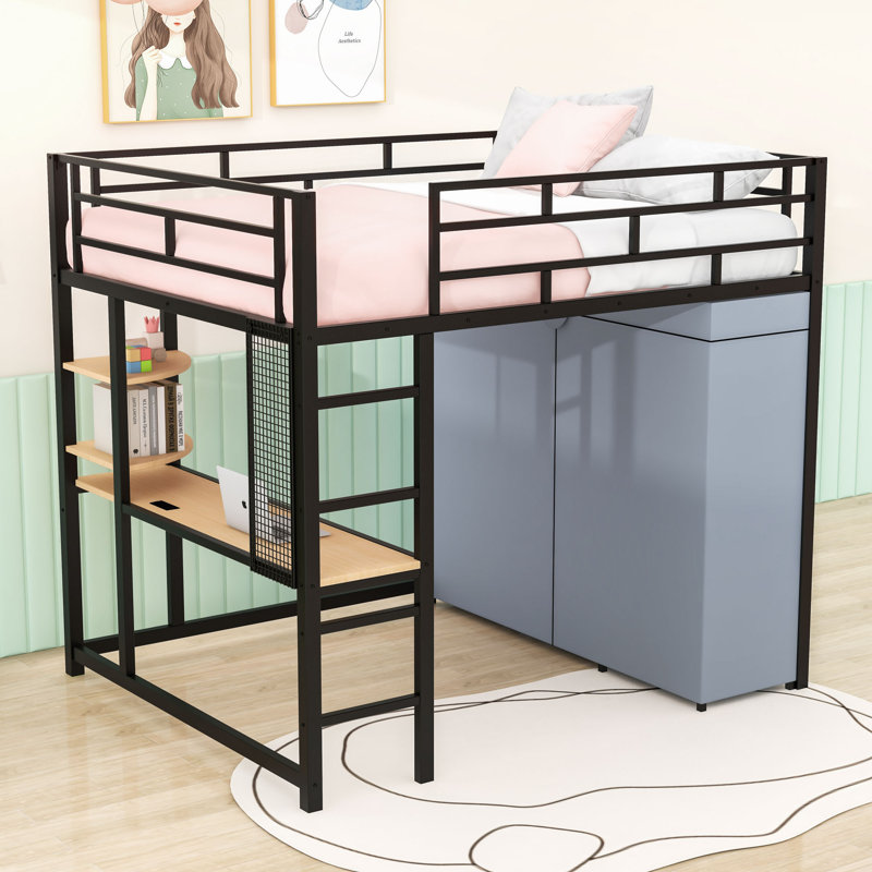 Metal Loft Bed With Built-In-Desk And LED Light And Shelves, Full, Black