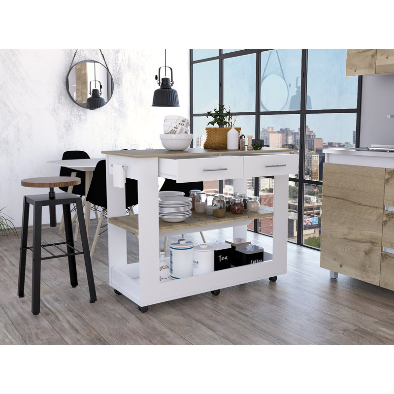 Îlot de cuisine avec tablettes de tiroir et roulettes, Blanc, H 36,5 po x l 46 po x P 20 po