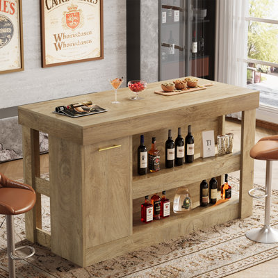 55" Bar Table with Hidden Storage Cabinet, Farmhouse Home Bar Counter with Open Shelves