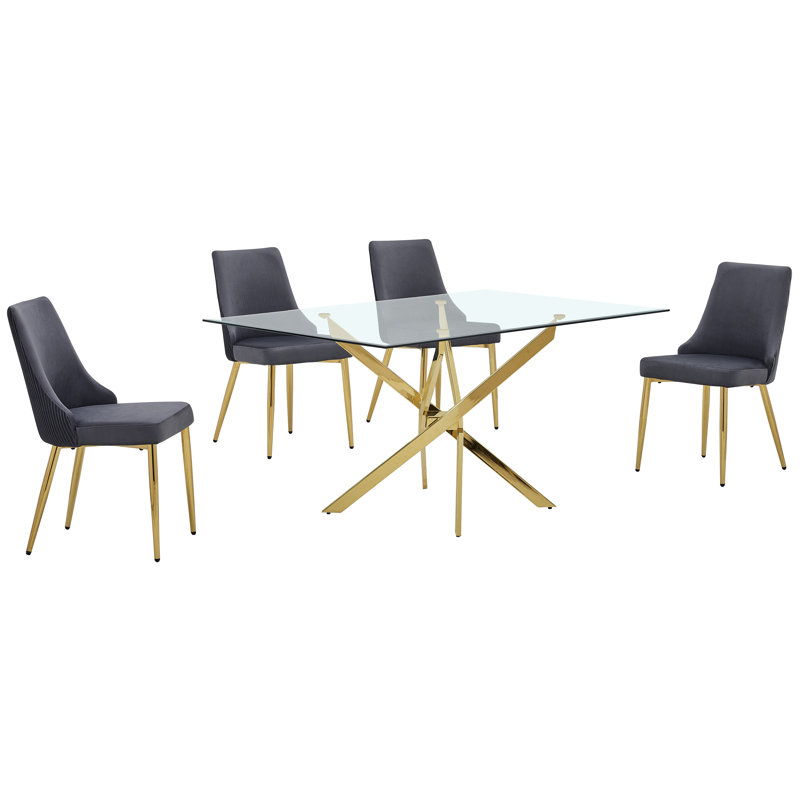 Ensemble de salle à manger en verre avec chaises d'appoint en velours plissé, 5, Gris
