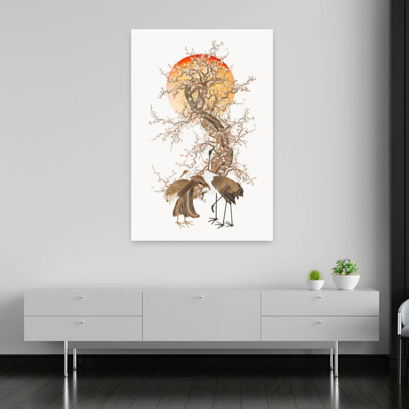 Fleurs de prune et grues, H 60 po x l 40 po